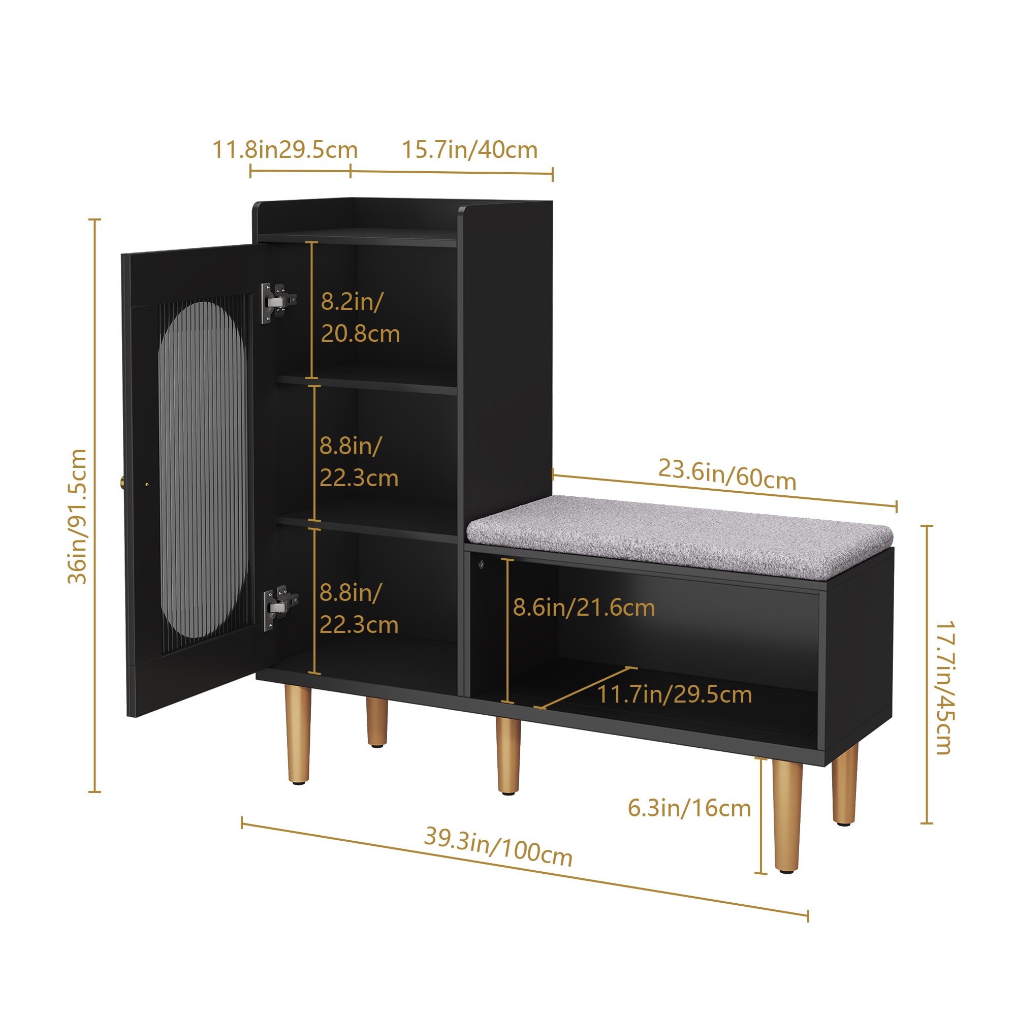 Shoe Cabinet For Entryway, L-Shaped Shoe Storage Bench With Padded Seat, Modern Organizer With Glass Door And Shelf For Hallway, Bedroom, Black_maomaolike.com